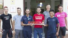 De izquierda a derecha, Bauke Mollema, Fabio Aru, Alejandro Valverde, Vincenzo Nibali, David De la Cruz, Nairo Quintana y Rigoberto Ur&aacute;n.