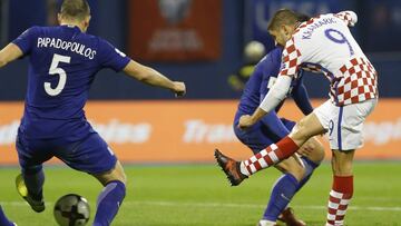 Kyriakos Papadopoulos (L) of Greece is challenged by Andrej Kramaric (R) of Croatia during the FIFA 2018 World Cup Qualifier Play-Off: First Leg between Croatia and Greece at Stadion Maksimir on November 9, 2017 in Zagreb, Croatia