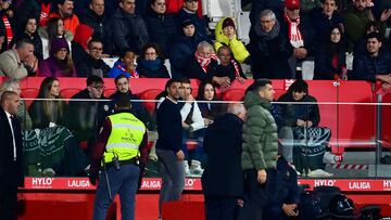 Girona's Spanish coach Michel leaves the pitch after receiving a red card during the Spanish league football match between Girona FC and Real Sociedad at the Montilivi stadium in Girona on February 3, 2024. (Photo by PAU BARRENA / AFP)