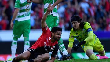   Eduardo Aguirre celebrates his goal 1-0 of Atlas during the 5th round match between Atlas and Santos as part of the Torneo Clausura 2024 Liga BBVA MX at Jalisco Stadium on February 04, 2024 in Guadalajara, Jalisco, Mexico.lisco, Mexico.