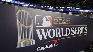 ARLINGTON, TEXAS - OCTOBER 26: World Series signage is seen during the World Series Workout Day for the Texas Rangers and the Arizona Diamondbacks at Globe Life Field on October 26, 2023 in Arlington, Texas.   Carmen Mandato/Getty Images/AFP (Photo by Carmen Mandato / GETTY IMAGES NORTH AMERICA / Getty Images via AFP)