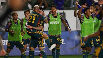 Sep 20, 2023; Carson, California, USA; Los Angeles Galaxy midfielder Diego Fagundez (21) reacts to scoring a goal during the second half against Minnesota United FC at Dignity Health Sports Park. Mandatory Credit: Kiyoshi Mio-USA TODAY Sports