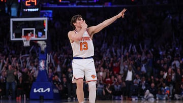 Dec 25, 2025; New York, New York, USA; New York Knicks guard Tyler Kolek (13) reacts after making a three point basket during the second half against the Cleveland Cavaliers at Madison Square Garden. Mandatory Credit: Vincent Carchietta-Imagn Images