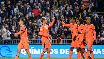Los jugadores del Barça celebran el 0-1 en Guadalajara.