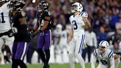 BALTIMORE, MARYLAND - OCTOBER 11: Rodrigo Blankenship #3 of the Indianapolis Colts misses a field goal during the fourth quarter in a game against the Baltimore Ravens at M&amp;T Bank Stadium on October 11, 2021 in Baltimore, Maryland.   Patrick Smith/Get