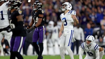 BALTIMORE, MARYLAND - OCTOBER 11: Rodrigo Blankenship #3 of the Indianapolis Colts misses a field goal during the fourth quarter in a game against the Baltimore Ravens at M&T Bank Stadium on October 11, 2021 in Baltimore, Maryland. Patrick Smith/Get
