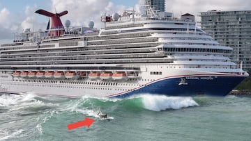 Ben Gravy surfeando una ola generada por un Crucero MSC en Miami (Estados Unidos).