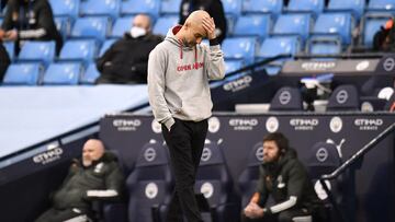 07 March 2021, United Kingdom, Manchester: Manchester City manager Pep Guardiola appears frustrated during the English Premier League soccer match between Manchester City and Manchester United at the Etihad Stadium. Photo: Peter Powell/PA Wire/dpa
07/03/