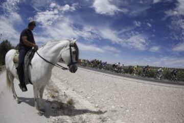 Un hombre a caballo observa al pelotón durante la octava etapa de La Vuelta Ciclista a España 2014, que ha partido hoy de Baeza y terminará en Albacete capital, con una distancia de 207,4 kms.