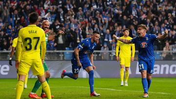 Soccer Football - Europa Conference League - Group C - Lech Poznan v Villarreal - Poznan Stadium, Poznan, Poland - November 3, 2022 Lech Poznan's Kristoffer Velde celebrates scoring their first goal with Michal Skoras REUTERS/Aleksandra Szmigiel