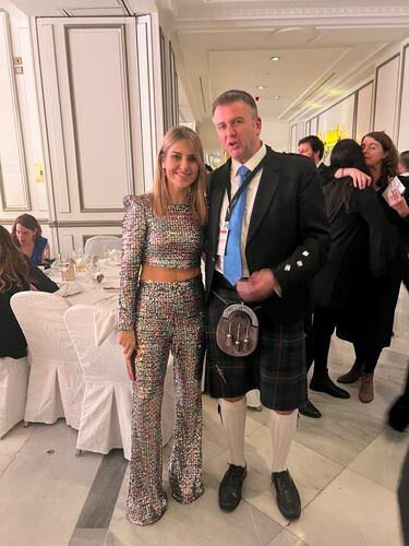 Susana Guasch (outfit by Hortensia Maeso, jewellery by Gold&Roses) and David Nelson, director AS USA