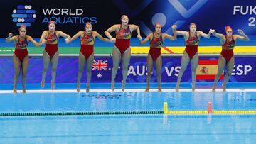 Fukuoka 2023 World Aquatics Championships - Water Polo - Women's Semi Final - Australia v Spain - Marine Messe Fukuoka Hall B, Fukuoka, Japan - July 26, 2023 Spain players celebrate after the match REUTERS/Stefan Wermuth