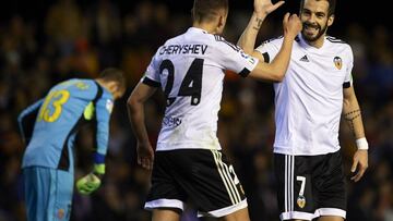 VALENCIA, SPAIN - FEBRUARY 13:  Denis Cheryshev of Valencia celebrates scoring his team&#039;s second goal with his teammate Alvaro Negredo during the La Liga match between Valencia CF and RCD Espanyol at Estadi de Mestalla on February 13, 2016 in Valenci