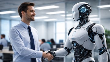 hombre saludo maquina apreton manos gracias agradecimiento ia inteligencia artificial robot