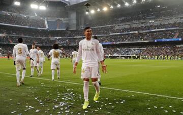 Casemiro celebrates after his first goal against Sevilla.