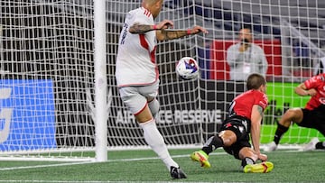 Aug 3, 2023; Foxborough, MA, USA; New England Revolution forward Gustavo Bou (7) scores against the Atlas FC during the first half at Gillette Stadium. Mandatory Credit: Eric Canha-USA TODAY Sports