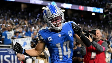 Jan 21, 2024; Detroit, Michigan, USA; Detroit Lions wide receiver Amon-Ra St. Brown (14) celebrates after scoring a touchdown against the Tampa Bay Buccaneers during the second half in a 2024 NFC divisional round game at Ford Field. Mandatory Credit: Lon Horwedel-USA TODAY Sports