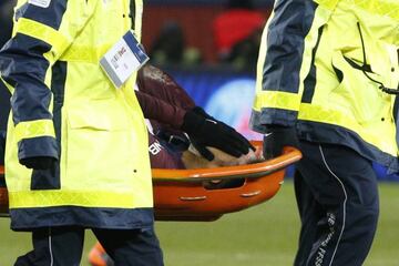 Neymar is stretchered off after suffering the injury in Paris Saint-Germain's Ligue 1 win over Marseille on Sunday.