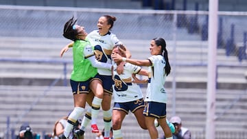 Stephanie Ribeiro celebrates her goal 3-0 with Michelle Gonzalez of Pumas during the 1st round match between Pumas UNAM and Monterrey as part of the Liga BBVA MX Femenil, Torneo Apertura 2025 at Olimpico Universitario Stadium, on July 13, 2025 in Mexico City, Mexico