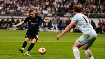 Eintracht Frankfurts Rafael Santos Borre Maury scores the opening goal during the Europa League semi-final, second leg match at the Deutsche Bank Park, Frankfurt. Picture date: Thursday May 5, 2022. (Photo by Mike Egerton/PA Images via Getty Images)