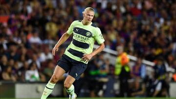 Erling Haaland Centre-Forward of Manchester City and Norway  in action during the friendly match between FC Barcelona and Manchester City at Camp Nou on August 24, 2022 in Barcelona, Spain. (Photo by Jose Breton/Pics Action/NurPhoto via Getty Images)