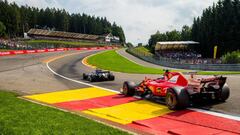 SPA, BELGIUM - AUGUST 27:  Lewis Hamilton of Mercedes and Great Britain leads Sebastian Vettel of Ferrari and Germany at the restart during the Formula One Grand Prix of Belgium at Circuit de Spa-Francorchamps on August 27, 2017 in Spa, Belgium.  (Photo by Peter J Fox/Getty Images)