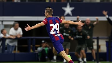 Arlington (United States), 29/07/2023.- Barcelona midfielder Fermin Lopez reacts after scoring the 2-0 goal during the friendly soccer match between FC Barcelona and Real Madrid, in Arlington, Texas, USA, 29 July 2023. (Futbol, Amistoso) EFE/EPA/ADAM DAVIS