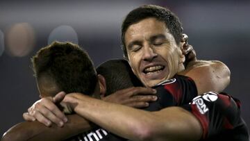 Ignacio Fernandez of Argentina's River Plate celebrate his goal against Chile's Palestino during a Copa Libertadores soccer match in Santiago, Chile, Wednesday, April 24, 2019. (AP Photo/Esteban Felix)