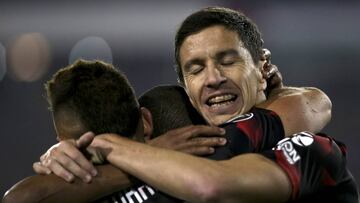 Ignacio Fernandez of Argentina&#039;s River Plate celebrate his goal against Chile&#039;s Palestino during a Copa Libertadores soccer match in Santiago, Chile, Wednesday, April 24, 2019. (AP Photo/Esteban Felix)