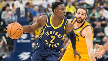 Darren Collison, durante un partido con Indiana Pacers, supera la defensa de Ricky Rubio.