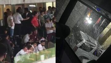 Al placo en el que se encontraba la directiva de los Diablos Rojos le arrojaron objetos durante el juego y Ángel Reyna subió una foto a redes con los cristales del autobús rotos.