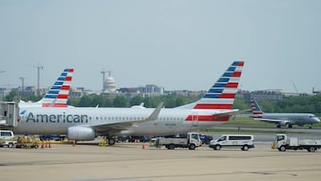 FILE PHOTO: An American Airlines Boeing 737 jet sits at a gate at Washington&#039;s Reagan National airport with the U.S. Capitol building in the background as the novel coronavirus (COVID-19) pandemic continues to keep airline travel at minimal levels an
