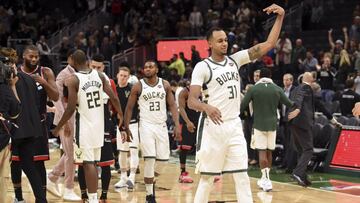 Oct 29, 2018; Milwaukee, WI, USA;  Milwaukee Bucks forward John Henson (31) reacts after the Bucks beat the Toronto Raptors at the Fiserv Forum. Mandatory Credit: Benny Sieu-USA TODAY Sports