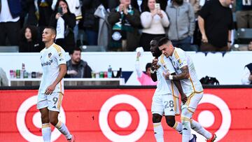 Nov 24, 2024; Carson, California, USA; LA Galaxy forward Joseph Paintsil (28) reacts after scoring a goal against Minnesota United during the first half in a 2024 MLS Cup conference semifinal match at Dignity Health Sports Park. Mandatory Credit: Kelvin Kuo-Imagn Images