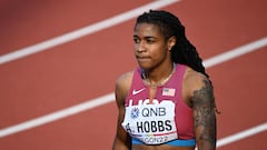 USA's Aleia Hobbs gestures after crossing the finish line in the women's 100m heats during the World Athletics Championships at Hayward Field in Eugene, Oregon on July 16, 2022.