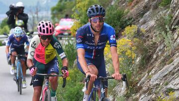 (From R) Groupama - FDJ's French rider Thibaut Pinot, EF Education-EasyPost's Ecuadorian rider Jefferson Alexander Cepeda and Movistar Team's Colombian rider Einer Rubio cycle during their breakaway in the last 10 kilometers of the thirteenth stage of the Giro d'Italia 2023 cycling race, which start was transfered from Borgofranco d'Ivrea to Le Chable due to bad weather conditions, and Crans-Montana, on May 19, 2023. (Photo by Luca Bettini / AFP)