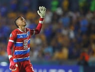(FILES) Cruz Azul's Colombian goalkeeper #23 Kevin Mier celebrates his team's first goal during the CONCACAF Champions Cup semifinals first leg football match between Mexico's Tigres and Cruz Azul at the UANL University Stadium in Monterrey, Nuevo Leon State, Mexico, on April 23, 2025. Kevin Mier, goalkeeper for the Colombian national team and of Mexican Cruz Azul, will miss the final phase of the 2025 Apertura Mexican football tournament due to a fracture in his right leg and will face a recovery with an uncertain prognosis, the club announced on November 12. (Photo by Julio Cesar AGUILAR / AFP)
