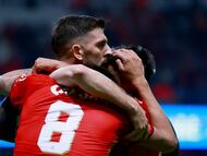 Soccer Football - Liga MX - Toluca v Club America - Estadio Nemsio Diez, Toluca, Mexico - November 8, 2025 Toluca's Paulinho celebrates scoring their first goal with teammates REUTERS/Eloisa Sanchez