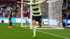 Manchester City's Erling Haaland celebrates scoring during the Premier League match against Aston Villa.