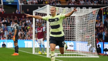 Manchester City's Erling Haaland celebrates scoring during the Premier League match against Aston Villa.