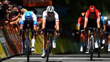 GAP, FRANCE - JUNE 10: (L-R) Dylan Groenewegen of Netherlands and Team BikeExchange - Jayco and Edvald Boasson Hagen of Norway and Team Total Energies crossing the finishing line the 74th Criterium du Dauphine 2022, Stage 6 a 196,4km stage from Rives to Gap 742m / #WorldTour / #Dauphiné / on June 10, 2022 in Gap, France. (Photo by Dario Belingheri/Getty Images)
