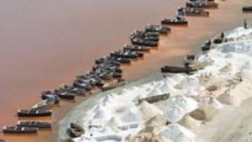 <b>EN EL LAGO ROSA. </b>Las aguas teñidas de la capital de Senegal regalan imágenes tan espectaculares como ésta al paso de los Mitsubishi que han dominado en coches.