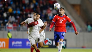 Futbol, Chile vs Peru.
Partido Amistoso Sub 23.
El jugador de Chile Esteban Moreira disputa el balon con XXX de Peru, durante el partido amistoso sub 23 entre Chile y Peru, disputado en el estadio Tierra de Campeones.
Iquique, Chile.
31/08/2022
Alex Diaz/Photosport**********
Soccer, Chile vs Peru.
Friendly match under 23.
The player from Chile Esteban Moreira disputes the ball with XXX from Peru, during the under 23 friendly match between Chile and Peru, played at the Tierra de Campeones stadium.
Iquique, Chile.
31/08/2022
Alex Diaz/Photosport*********