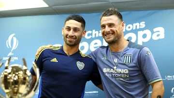 Soccer Football - Argentine Super Cup - Boca Juniors and Racing Club Press Conference - Hazza bin Zayed Stadium, Al Ain, United Arab Emirates - January 19, 2023 Boca Juniors' Alan Varela with Racing Club's Ivan Pillud during a press conference REUTERS/Satish Kumar