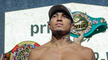 LAS VEGAS, NEVADA - JULY 18: WBC welterweight champion Mario Barrios poses during�a ceremonial official weigh-in at MGM Grand Garden Arena on July 18, 2025 in Las Vegas, Nevada. Barrios is scheduled to defend his title against Manny Pacquiao, who announced he was coming out of retirement nearly four years after his last fight,�on July 19 at MGM Grand Garden Arena. Ethan Miller/Getty Images/AFP (Photo by Ethan Miller / GETTY IMAGES NORTH AMERICA / Getty Images via AFP)