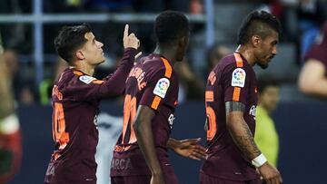 Philippe Coutinho of FC Barcelona celebrates after scoring his team's second goal during the La Liga match between Malaga and Barcelona at Estadio La Rosaleda on March 10, 2018 in Malaga, Spain.