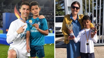 Cristiano Ronaldo posando con su hijo mayor con la medalla de campe&oacute;n del Mundialito de Clubes y Cristiano Jr. con su abuela, Dolores Aveiro, y sus trofeos.