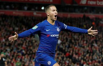 Eden Hazard celebrates scoring against Liverpool.