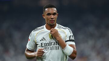 Real Madrid's English defender #12 Trent Alexander-Arnold is seen during the Spanish league football match between Real Madrid CF and CA Osasuna at Santiago Bernabeu Stadium in Madrid on August 19, 2025. (Photo by Thomas COEX / AFP)