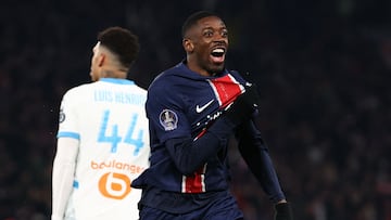 Paris Saint-Germain's French forward #10 Ousmane Dembele celebrates after scoring his team's first goal during the French L1 football match between Paris Saint-Germain (PSG) and Olympique de Marseille (OM) at the Parc des Princes Stadium in Paris, on March 16, 2025. (Photo by FRANCK FIFE / AFP)